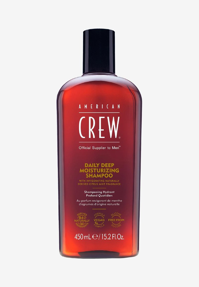 Flasche American Crew Daily Deep Moisturizing Shampoo mit Zitrus-Minz-Duft, veganer Formel, silikonfrei, 450 ml Inhalt.