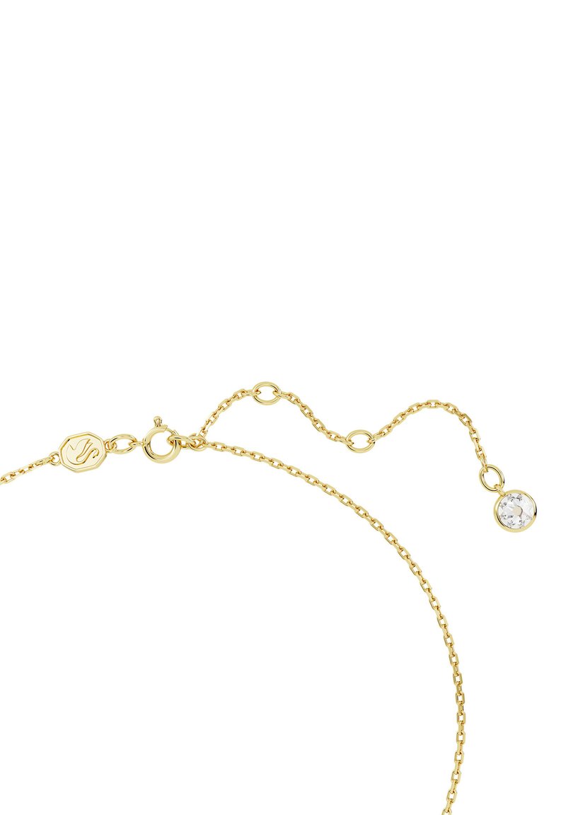 Goldene Kettenarmband mit einem runden Kristallakzent. Verfügt über einen Karabinerverschluss und eine verstellbare Länge mit einem zusätzlichen Kettenteil.