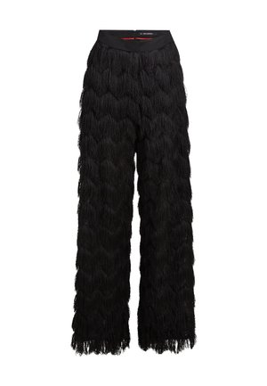 Črne široke hlače z visokim pasom s teksturiranim plastnim okrasnim drobnim dodatkom po celotnem materialu.