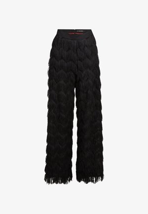 Črne široke hlače z visokim pasom s teksturiranim plastnim okrasnim drobnim dodatkom po celotnem materialu.
