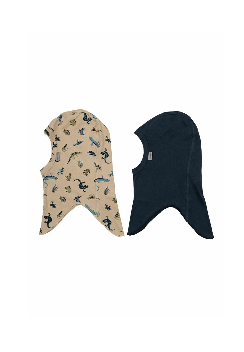 Kaksi lasten hupullista takkia: yksi vaaleanbeige, jossa on dinosauruksen kuvio, ja toinen tummansininen, yksivärinen. Molemmat ovat huipputaittoisia ja pehmeästä kankaan rakenteesta valmistettuja.