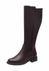 Botas de cuero marrón hasta la rodilla con un acabado suave, paneles laterales elásticos, puntera redondeada y tacón bajo apilado para mayor estabilidad.