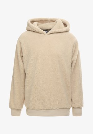 Beige Fleece-Hoodie mit strukturiertem Oberflächen, großem Kapuze und gerippten Bündchen und Saum. Bietet eine lockere Passform und lange Ärmel.