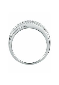 Silberner Ring mit zwei geschwungenen Bändern, die entlang der Oberseite mit kleinen klaren Steinen besetzt sind; außen glatt poliert und innen abgerundet.