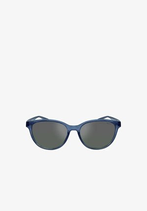 Occhiali da sole con montatura in plastica blu e lenti scure, vista frontale su sfondo bianco.