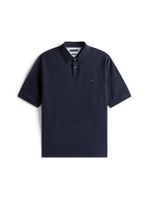 Navy blue polo shirt made of cotton, featuring a two-button placket, short sleeves, and a small logo on the chest. Smooth texture.