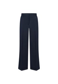 Navy wijde broek in een gladde, lichte stof, met een standaard tailleband en opgerolde zoom. Geschikt voor formele of casual kleding.