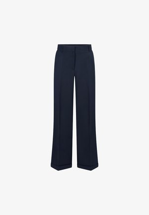 Navy wijde broek in een gladde, lichte stof, met een standaard tailleband en opgerolde zoom. Geschikt voor formele of casual kleding.