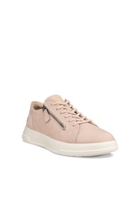 Lichtroze lage sneaker met veters aan de voorkant, rits aan de zijkant en een witte, gevoerde zool.