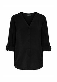 Blouse noire à col en V en tissu texturé, avec un devant à boutons et des manches retroussées, coupe ample et ourlet incurvé.