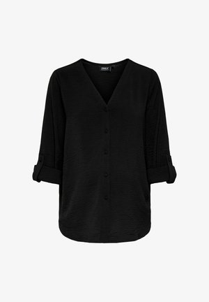 Zwarte V-hals blouse van textuurstof, met een knoopsluiting aan de voorkant en opgerolde mouwen, met een losse pasvorm en een gebogen zoom.