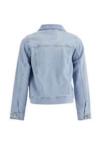 Hellblaues Jeansjacke, von hinten gezeigt, mit langen Ärmeln und geknöpften Manschetten vor einem weißen Hintergrund.