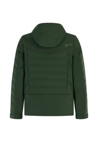 Alyvuogių spalvos paminkštintas striukė su gobtuvu, su įstrižai siūta raštu nugaroje ir subtiliu prekės ženklo simboliu ties petimi.