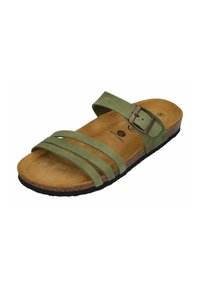 Green leather slide sandal with three wide straps, adjustable buckle, cork footbed, and textured black rubber outsole.