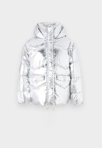 Chaqueta acolchada plateada con acabado brillante, cierre de cremallera completo, cordones ajustables en el dobladillo y dos bolsillos delanteros. Diseño acolchado.