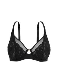 Bralette en dentelle noire avec un mesh doux et des bretelles en satin. Doté d'un détail en trou de clé au centre et d'un petit accent doré.