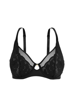 Bralette en dentelle noire avec un mesh doux et des bretelles en satin. Doté d'un détail en trou de clé au centre et d'un petit accent doré.
