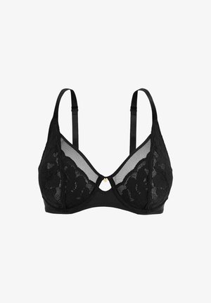 Bralette en dentelle noire avec un mesh doux et des bretelles en satin. Doté d'un détail en trou de clé au centre et d'un petit accent doré.