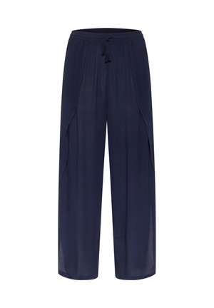 Marineblaue weit geschnittene Hose aus leichtem Stoff, mit einem elastischen Bund und Kordelzug sowie seitlichen Eingrifftaschen.