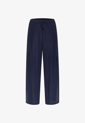 Tumed sinine laia säärega püksid, mis on valmistatud kergest kangast, elastse vöökoha ja nööriga ning küljetaskutega.