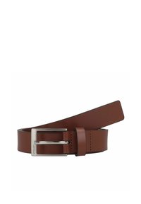 Brauner Leder Gürtel mit glatter Oberfläche, ausgestattet mit einer silbernen Metallschnalle und einem eleganten Design. Verstellbare Länge mit klassischem Look.