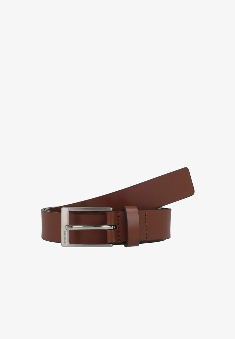 Cintura in pelle marrone con finitura liscia, dotata di una fibbia in metallo argentato e un design elegante. Lunghezza regolabile con un aspetto classico.
