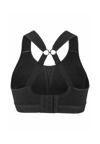 Zwarte sportbeha met een racerback ontwerp, verstelbare bandjes met cirkelvormige hardware en een haak-en-oogsluiting aan de achterkant.