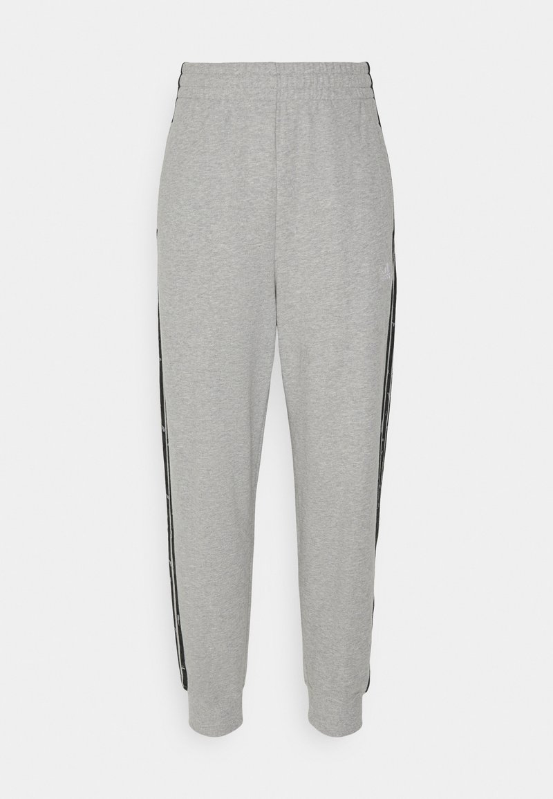 grey adidas joggers with black stripes