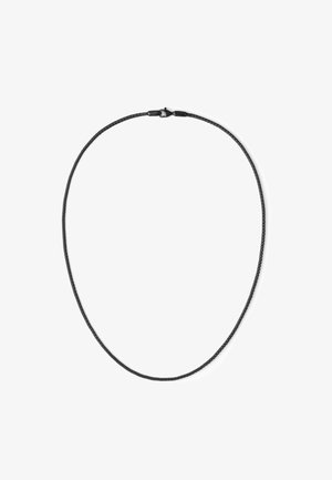 Fekete fonott nyaklánc sima felülettel, biztos zármechanizmussal, egységes formával és könnyű kialakítással.