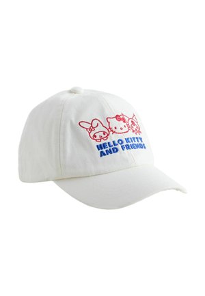 White baseball cap with red line drawings of Hello Kitty and friends and blue text "Hello Kitty and Friends" on front.