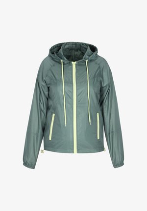 Könnyű, zöld szélálló dzseki kapucnival, kontrasztos sárga cipzárral és húzózsinórokkal, rugalmas mandzsettákkal és kétoldali zsebekkel.
