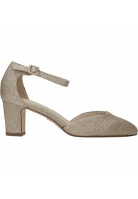 Glanzende gouden blokhak schoen met enkelbandje, puntige neus en een zachte binnenkant. Elegant materiaal met een gladde textuur.