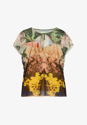 Bluză cu mâneci scurte cu imprimeu botanic în nuanțe de verde, roz, maro și galben, cu decolteu cu șnur și secțiuni din material transparent.