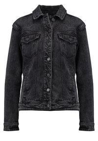 Svart denimjacka med klassisk krage, framknäppning med knappar, två bröstfickor och en figurnära design med subtil blekning.