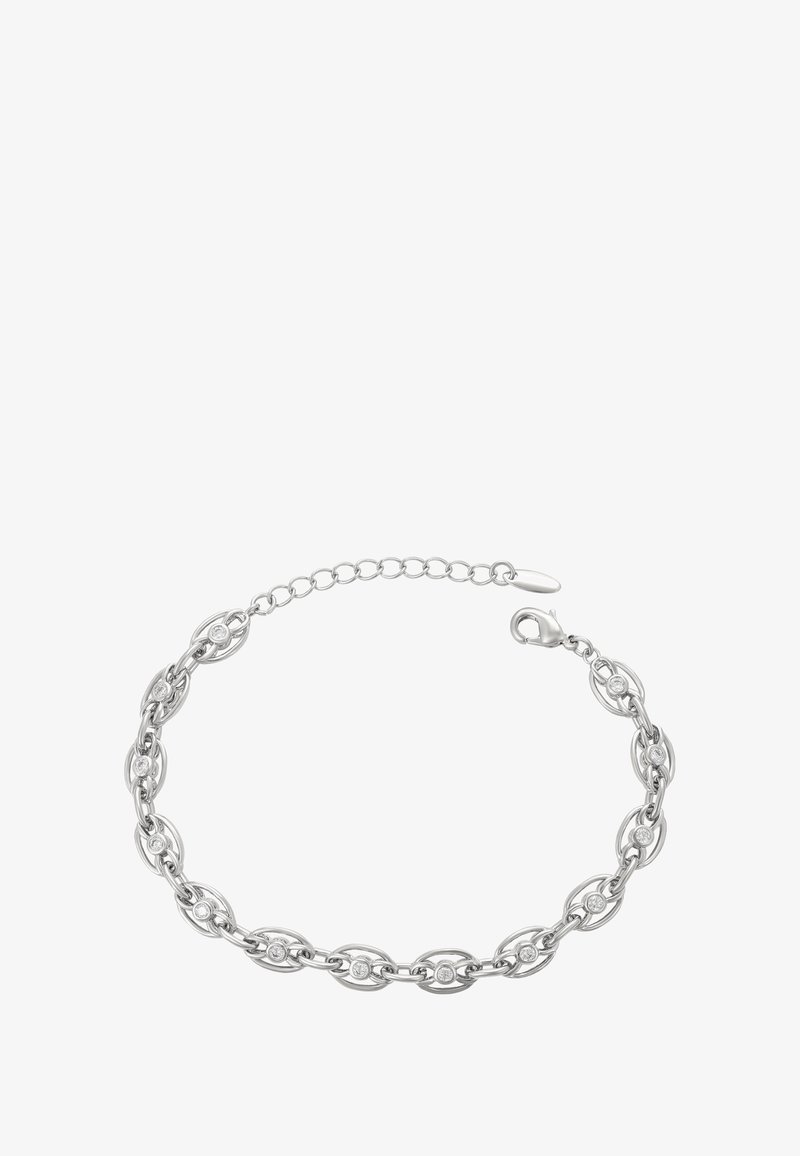 Bracciale d'argento con anelli ovali, ciascuno incastonato con un piccolo gemma trasparente rotonda, e una catena regolabile con chiusura a moschettone.