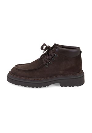 Brown suede ankle boot with padded collar, thick treaded sole, and round patterned laces tied in a knot on a white background.