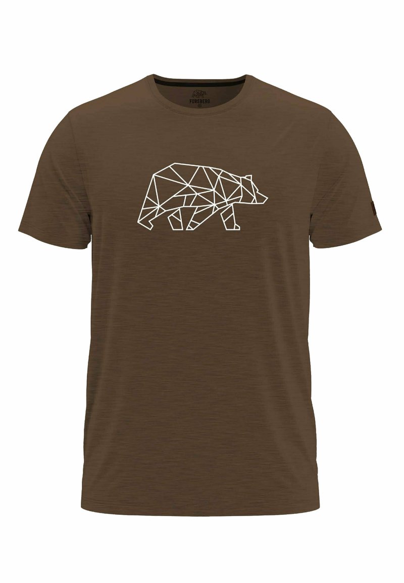 Braunes Kurzarm-T-Shirt mit einem weißen geometrischen Bärendesign. Der Stoff wirkt glatt mit einer subtilen Struktur.