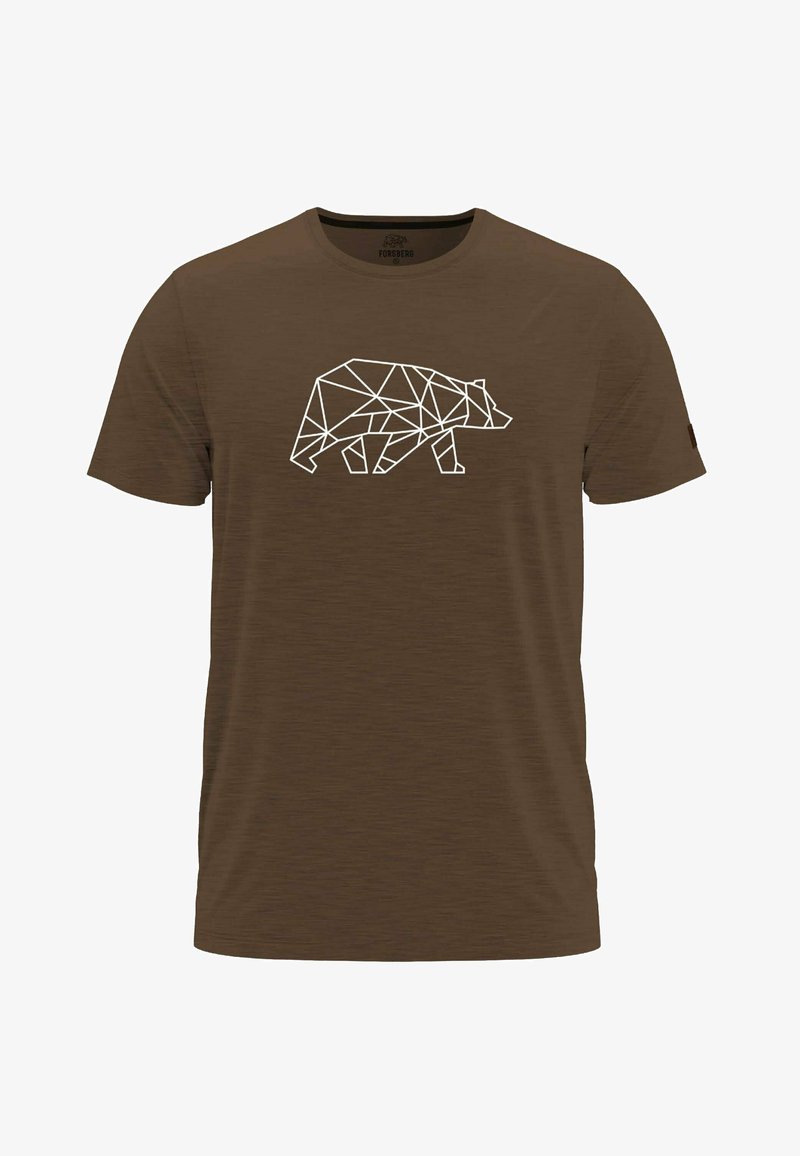 Braunes Kurzarm-T-Shirt mit einem weißen geometrischen Bärendesign. Der Stoff wirkt glatt mit einer subtilen Struktur.