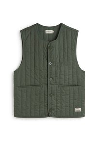 Steppweste in Dunkelgrün, mit Rundhalsausschnitt, fünf Knopfverschlüssen, zwei Fronttaschen und einem Etikett an der unteren rechten Ecke.