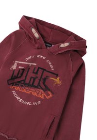 Felpa bordeaux realizzata in morbido tessuto con tasca a marsupio davanti. Caratterizzata da una stampa grafica in nero, arancione e giallo con testo.