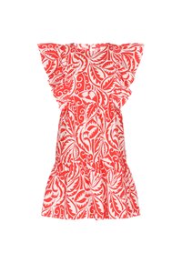 Rochie cu model floral roșu și alb, cu mâneci scurte și volănașe, talie ajustată și fustă evazată. Fabricată din material ușor.