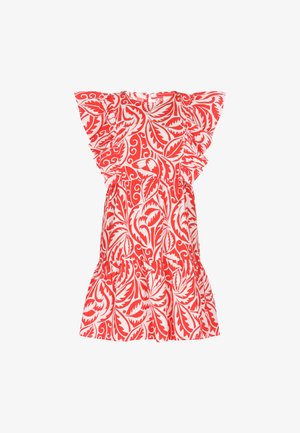 Pöttyös, piros és fehér virágmintás ruha, rövid fodros ujjakkal, szűk derékkal és bővülő szoknyával. Könnyű anyagból készült.