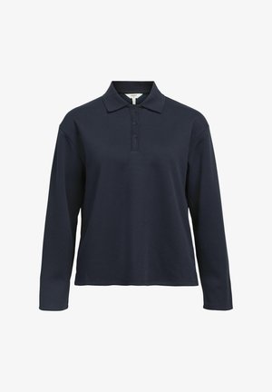 Polo-shirt à manches longues bleu marine avec un col classique, une patte de boutonnage à trois boutons et un tissu doux et texturé.