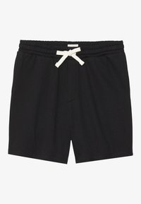 Black shorts made of soft fabric with an elastic waistband and white drawstring. Features a single front pocket and a simple design.