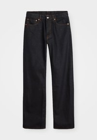 Men’s straight-leg black denim jeans with five pockets and orange stitching, button and zip closure on front waistband.