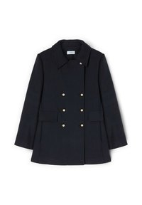 Abrigo de mezcla de lana azul marino con diseño de doble botonadura, botones dorados, cuello con muesca y bolsillos delanteros. Tejido texturizado.