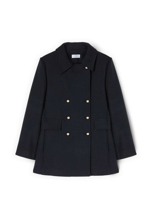 Granatowy płaszcz wełniany z domieszką, o podwójnym zapięciu, ze złotymi guzikami, klapami i przednimi kieszeniami. Teksturowana tkanina.