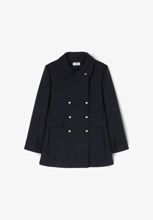 Cappotto in misto lana blu navy con design doppiopetto, bottoni dorati, colletto a revers e tasche frontali. Tessuto con texture.