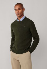 Grüner Wollpullover mit rundem Ausschnitt, gerippten Bündchen und Saum, getragen über einem hellblauen karierten Hemd mit Kragen und khakifarbenen Hosen.