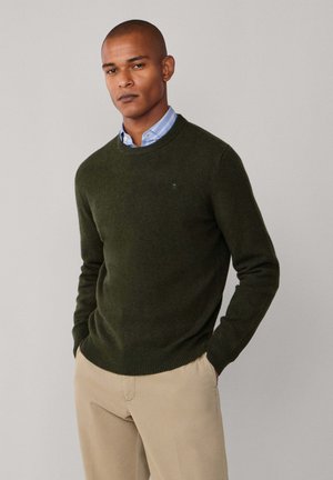 Maglione verde in lana con scollo rotondo, polsini e fondo a coste, indossato sopra una camicia a quadri blu chiaro con colletto e pantaloni color khaki.